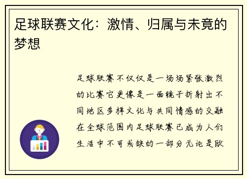 足球联赛文化：激情、归属与未竟的梦想