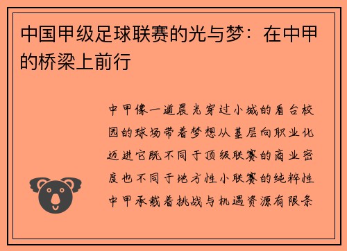 中国甲级足球联赛的光与梦：在中甲的桥梁上前行