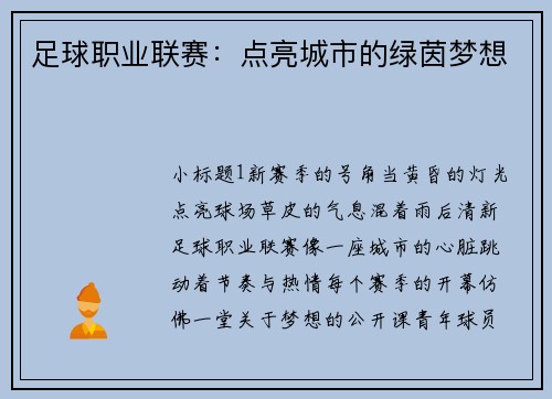 足球职业联赛：点亮城市的绿茵梦想