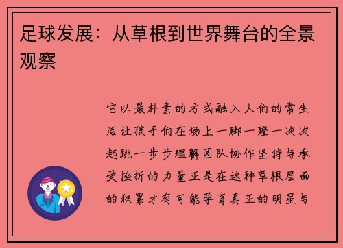 足球发展：从草根到世界舞台的全景观察
